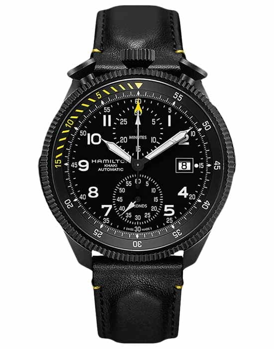 Hamilton Hamilton Khaki Aviation Takeoff H76786733  H76786733 механические мужские часы черный циферблат, браслет кожаный — вид спереди